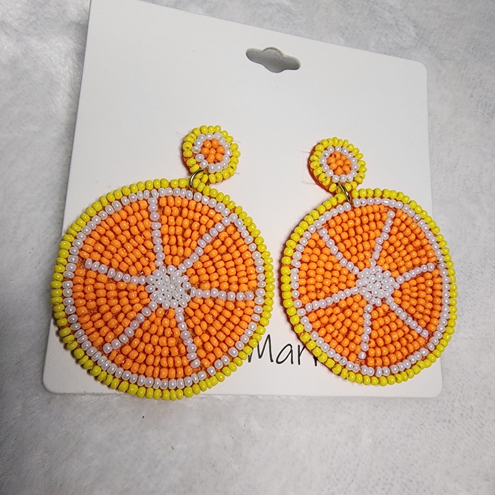 Orange Slice Beaded Fruit Earrings Dangling 2.25" Drop Yellow White NEW